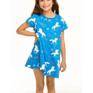 Chaser Girl's Ultra-Bright Sky Blue Unicorn Galaxy Knit T-Shirt Dress Size 3